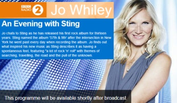 Jo Whiley - An Evening with Sting on BBC Radio 2...